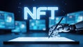 Robotic hand interacting with digital tablet displaying NFT graphics, surrounded by multiple screens showcasing cryptocurrency Royalty Free Stock Photo