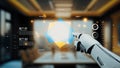 Robotic Hand Interacting with Futuristic Data Visualization in Modern Conference Room Setting. Auvana Royalty Free Stock Photo
