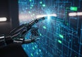 Robotic hand interacting with a futuristic digital data interface Royalty Free Stock Photo