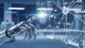 Robotic hand interacting with futuristic digital interface displaying data and network connections Royalty Free Stock Photo