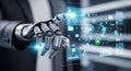 A robotic hand interacting with a futuristic digital interface with various icons and graphs Royalty Free Stock Photo