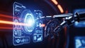 Robotic hand interacting with futuristic interface and data visualization technology innovation Royalty Free Stock Photo