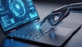 Robotic Hand Interacting with Futuristic Laptop Display Showing Data and Analytics Royalty Free Stock Photo