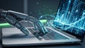 Robotic Hand Interacting with Futuristic Laptop Display Showing Glowing Digital Data Streams and Network Connections Royalty Free Stock Photo
