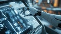 Robotic hand interacting with futuristic touchscreen display in advanced technology environment for artificial intelligence
