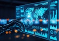 Robotic hand interacting with global data analytics on virtual screen Royalty Free Stock Photo