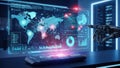 A robotic hand interacting with a holographic cybersecurity analytics interface displaying a map with data points and charts Royalty Free Stock Photo