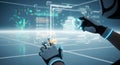 A robotic hand interacting with a holographic interface displaying a 3 D building model and data charts in a futuristic digital Royalty Free Stock Photo