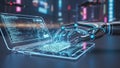 Robotic Hand Interacting with a Holographic Transparent Laptop Displaying Code and Data Keywords: robotic, hand Royalty Free Stock Photo