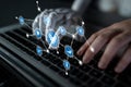 Robotic Hand Interacting with Icons and Digital Data on Laptop Keyboard Representing Technology, Automation, and Royalty Free Stock Photo