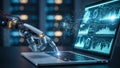 Robotic hand interacting with a laptop displaying complex data charts and graphs with digital network overlay Royalty Free Stock Photo