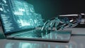 Robotic Hand Interacting with a Laptop Displaying Complex Data Visualizations and Charts Keywords: robot, hand Royalty Free Stock Photo