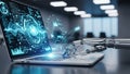Robotic hand interacting with a laptop displaying complex data visualizations and futuristic digital interfaces Royalty Free Stock Photo