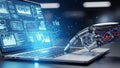 Robotic Hand Interacting with a Laptop Displaying Futuristic Data and Graphs in a Blue Digital Environment Royalty Free Stock Photo