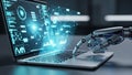 Robotic Hand Interacting with a Laptop Displaying Futuristic Data Visualizations and Graphs Keywords: robot, hand Royalty Free Stock Photo