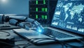 Robotic hand interacting with a laptop displaying global data analytics and charts in a futuristic office Keywords Royalty Free Stock Photo