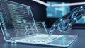 Robotic hand interacting with a laptop displaying lines of code and data on a futuristic digital interface Keywords Royalty Free Stock Photo