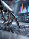 Robotic hand interacting with a laptop keyboard against a backdrop of digital data visualizations and colorful bar charts on Royalty Free Stock Photo