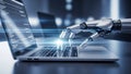 Robotic Hand Interacting with a Laptop Keyboard with Blue Digital Data Streams Flowing Royalty Free Stock Photo