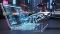 Robotic Hand Interacting with a Transparent Laptop Displaying Futuristic Data and Graphs in a Neon Cityscape Royalty Free Stock Photo