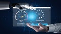 Robotic Hand Interacting with Virtual User Interface Displaying Data Upload Speed and Progress Indicator in Futuristic Royalty Free Stock Photo