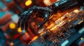 A robotic hand interacts with a complex circuit board. The blend of technology and creativity creates a futuristic Royalty Free Stock Photo