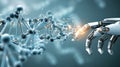 Robotic Hand Explores Digital DNA Strand in a Futuristic Laboratory Setting Showcasing Advanced Technology and Genetics Royalty Free Stock Photo