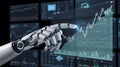 A Robotic Hand Interacts with a Digital Financial Interface Displaying Stock Charts and Data. Royalty Free Stock Photo