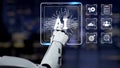 Futuristic robotic hand interacting with digital interface showcasing artificial intelligence technology and various Royalty Free Stock Photo