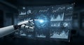 A robotic hand interacts with a digital interface displaying various charts and