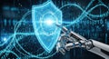 Robotic hand interacts with futuristic digital shield protecting data and dna Royalty Free Stock Photo