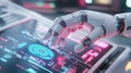 robotic hand interacts with futuristic holographic interface, adjusting data and optimizing efficiency in high tech environment.