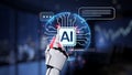 Futuristic AI Concept with Robotic Hand Interacting with Digital Interface Displaying Artificial Intelligence Symbols Royalty Free Stock Photo