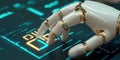 robotic hand interacts with glowing digital interface, symbolizing advanced AI technology
