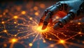 Robotic hand interacts with glowing digital network grid. Advanced cybernetic fingers touch bright energetic connection points, Royalty Free Stock Photo