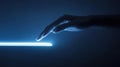 Robotic hand interacts with glowing virtual button in dark environment. Generative AI Royalty Free Stock Photo