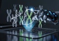 A robotic hand interacts with a holographic display of DNA strands glowing green and white Royalty Free Stock Photo
