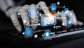 Robotic Hand Using Computer Keyboard for SEO Strategy with Data Mining, Keyword Research, and Best Practices Visuals on Royalty Free Stock Photo