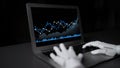 Robotic Hand Using Laptop to Analyze Stock Market Data with Blue Graphs and Charts in a Dark Environment Scalp Royalty Free Stock Photo