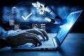 Futuristic Robotic Hand Interacting with Laptop Display, Showcasing Digital Interface and Technology Advancements in Royalty Free Stock Photo