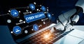 Robotic Hand Engaging with Laptop Displaying Cyber Security Themes for Digital Protection and Technology Advances in Royalty Free Stock Photo