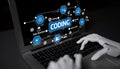 Robotic Hand Typing on Laptop with Coding Text and Digital Icons Representing Programming Concepts, Data Structure, and Royalty Free Stock Photo