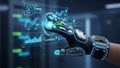 Robotic hand interacts with a futuristic holographic interface displaying complex data sets Royalty Free Stock Photo