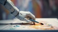 robotic hand with paintbrush painting picture, robot finger hold brush, draw art, artificial intelligence, generative AI