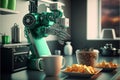 Robotic hand picks food items plating the dishes. Robotic automation in gastronomy industry. AI generative, AI generated