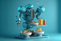 Robotic hand picks food items plating the dishes. Robotic automation in gastronomy industry. AI generative, AI generated