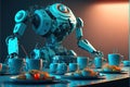 Robotic hand picks food items plating the dishes. Robotic automation in gastronomy industry. AI generative, AI generated