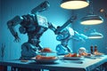 Robotic hand picks food items plating the dishes. Robotic automation in gastronomy industry. AI generative, AI generated