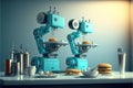 Robotic hand picks food items plating the dishes. Robotic automation in gastronomy industry. AI generative, AI generated