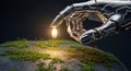 Robotic hand planting glowing seed symbolizing artificial intelligence nurturing technology and sustainable future Royalty Free Stock Photo